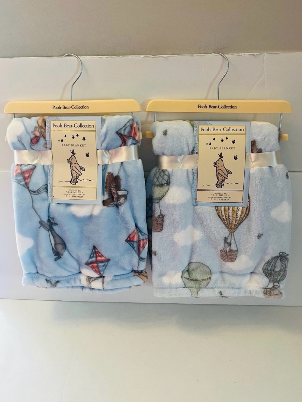 Winnie the Pooh Bear Collection Lot of 2 Blue Baby Blankets Hot Air Balloon Kite